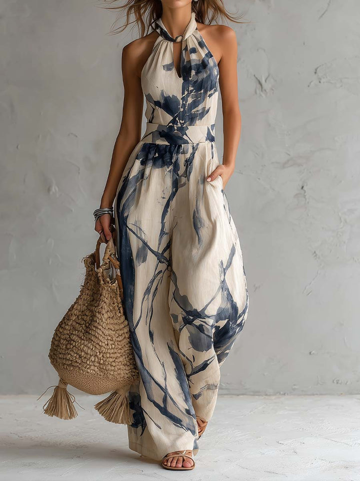 Sabryna | Ink print halter wide-leg jumpsuit