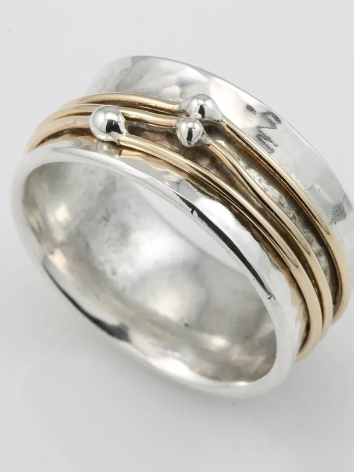Marlene – Wide Hammered Ring with Gold Accents