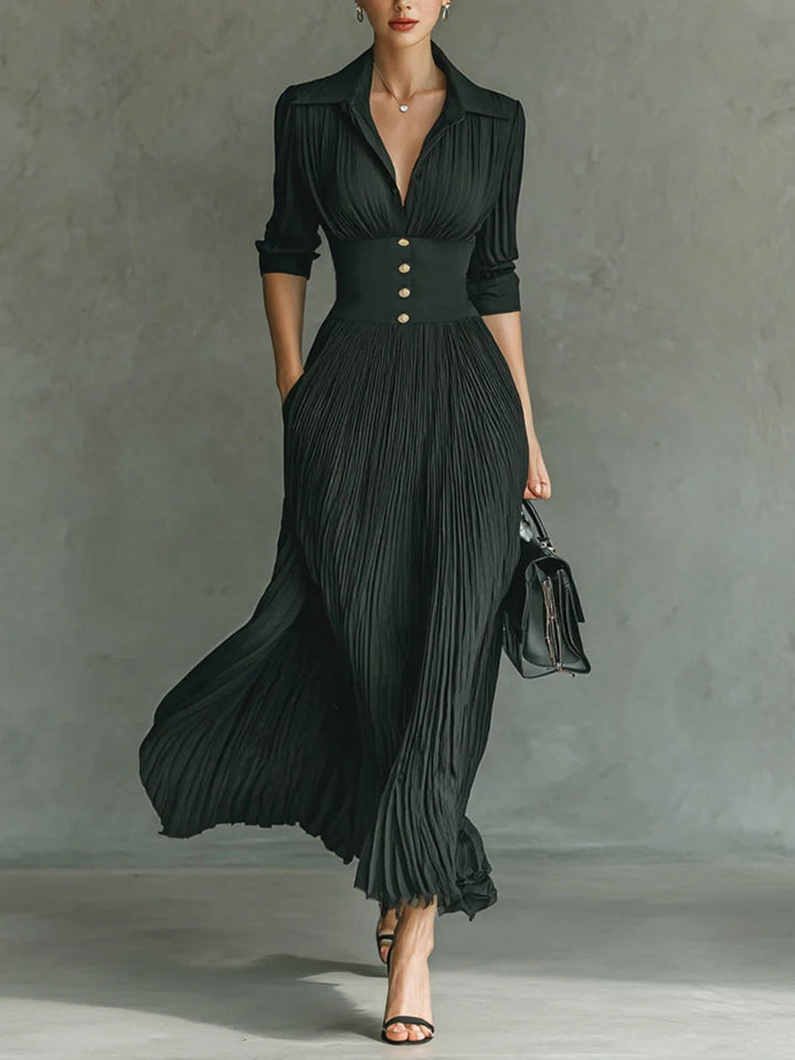 Elvire | Pleated belted maxi dress with lapel collar