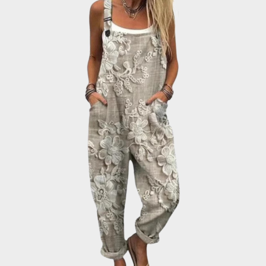 Jumpsuit — Embroidered flowers, beige