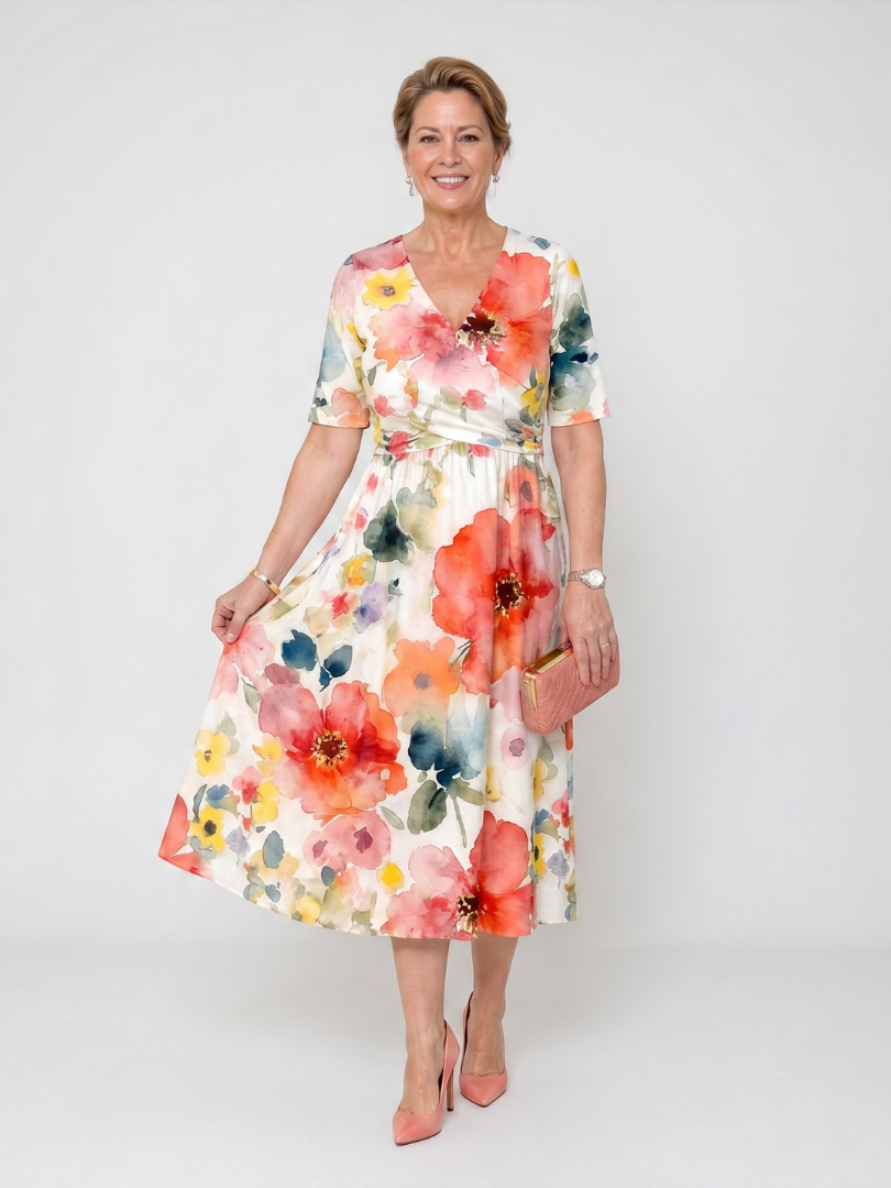Corinne | Floral short-sleeve V-neck midi dress