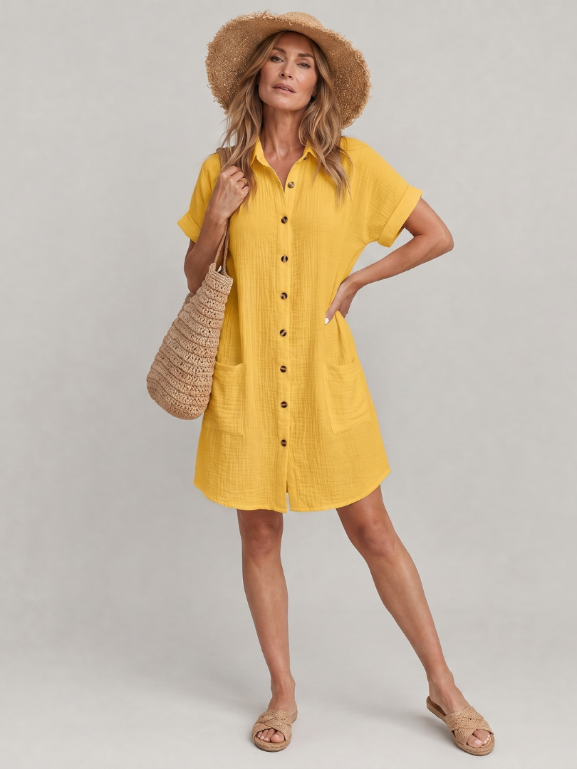 Linon | Short-sleeve midi dress with front pockets
