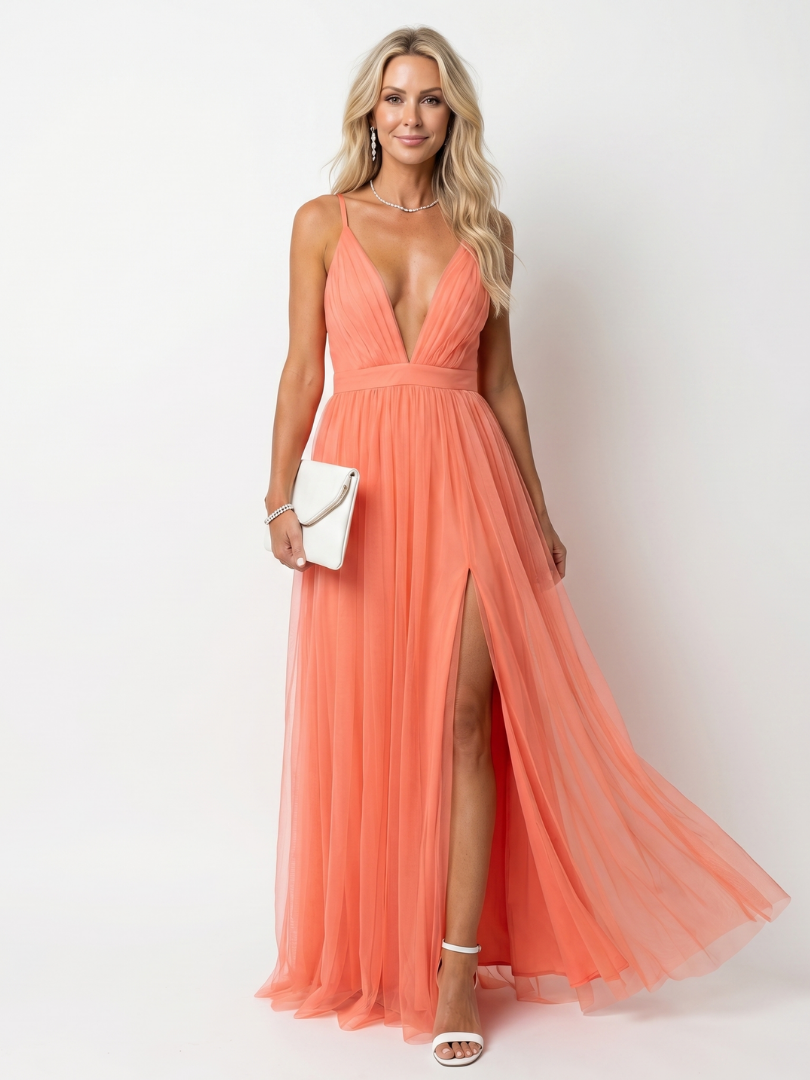 Tia | Pleated maxi dress with deep V-neck and straps