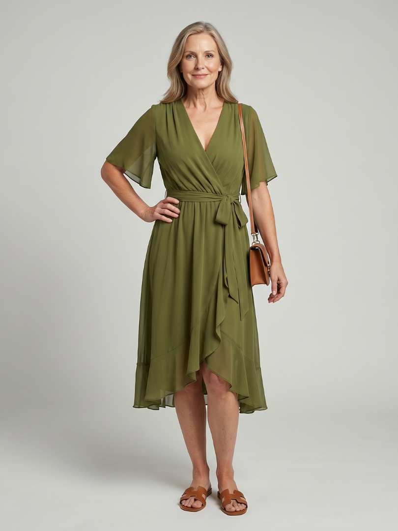 Keziah | Short-sleeve wrap midi dress with soft hem