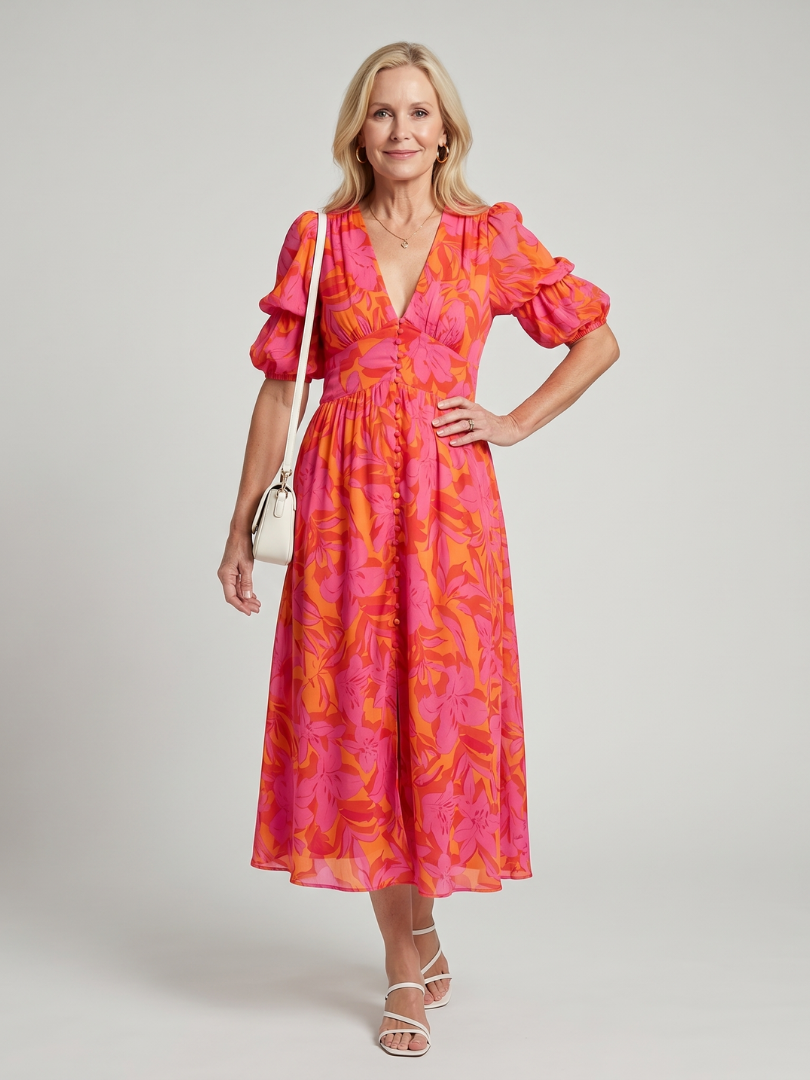 Zarelle | Puff-sleeve midi dress with bold floral print