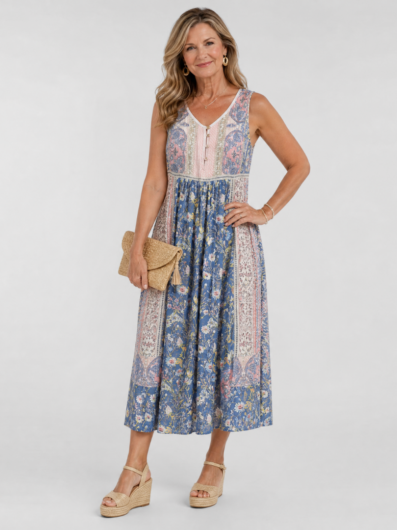 Lemez | Sleeveless floral midi dress with decorative buttons