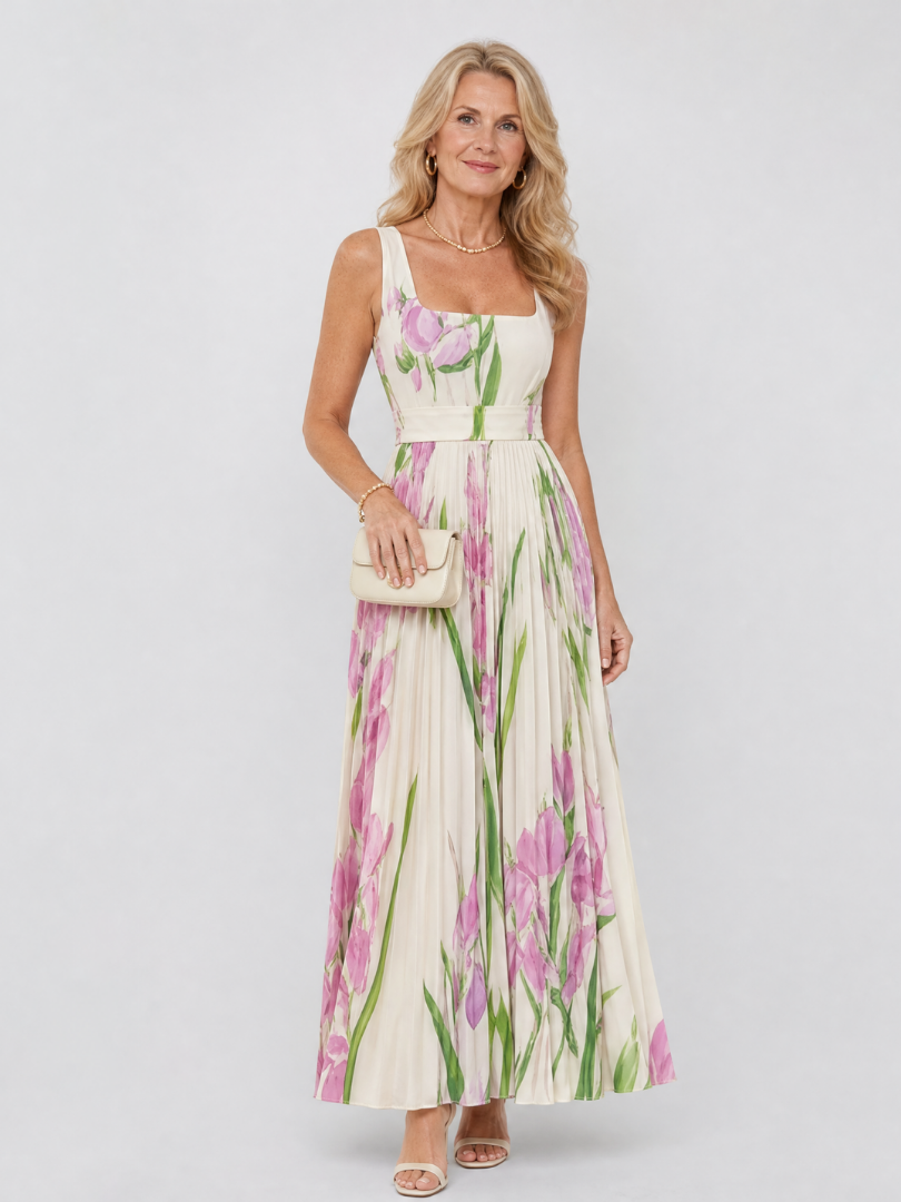 Vimele | Pleated sleeveless midi dress with square neckline