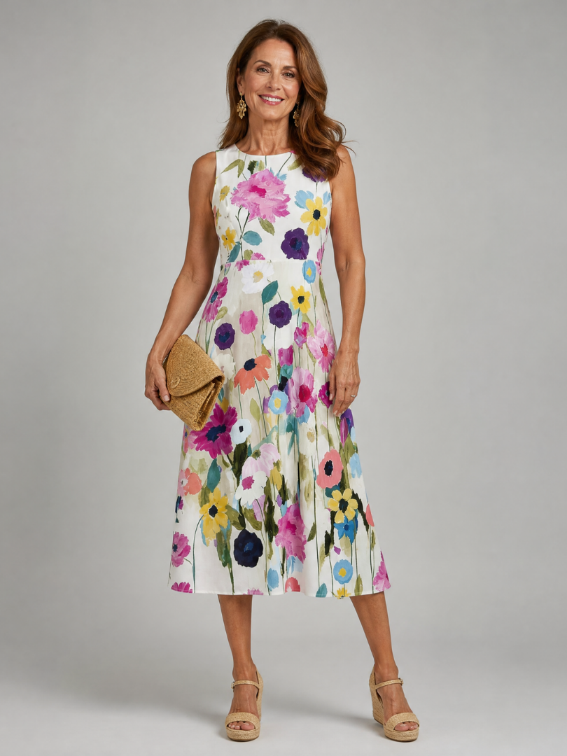 Flory | Sleeveless round-neck midi dress with floral print