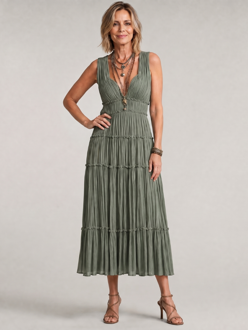 Somala | Pleated sleeveless V-neck midi dress