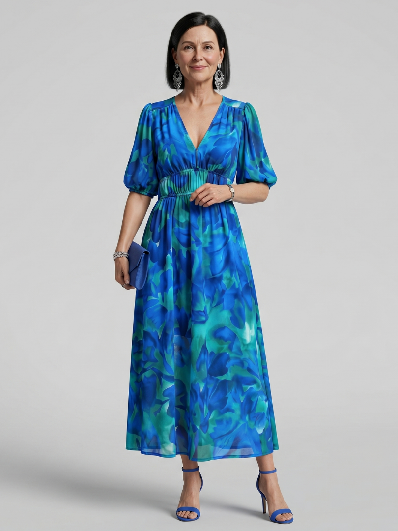 Candlia | Puff-sleeve midi dress with abstract print