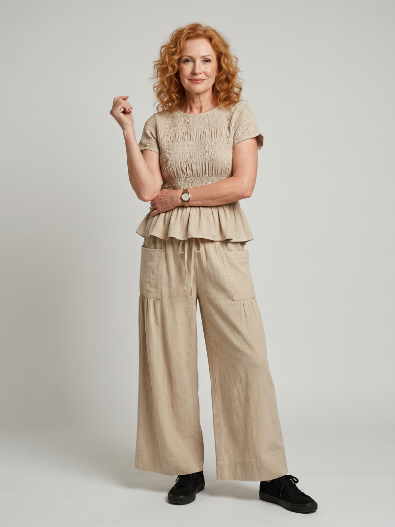 Eirenne | Shirred peplum top and wide-leg pants set