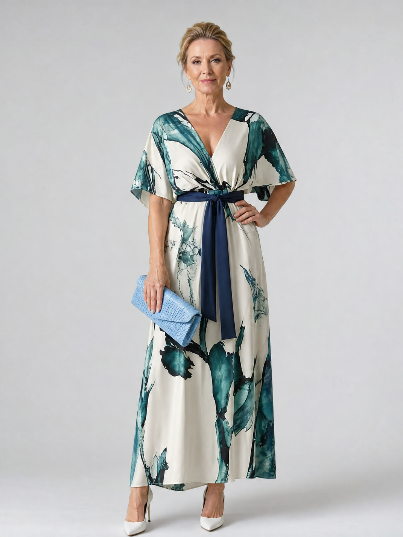 Moglos | Belted maxi dress with abstract print and butterfly sleeves