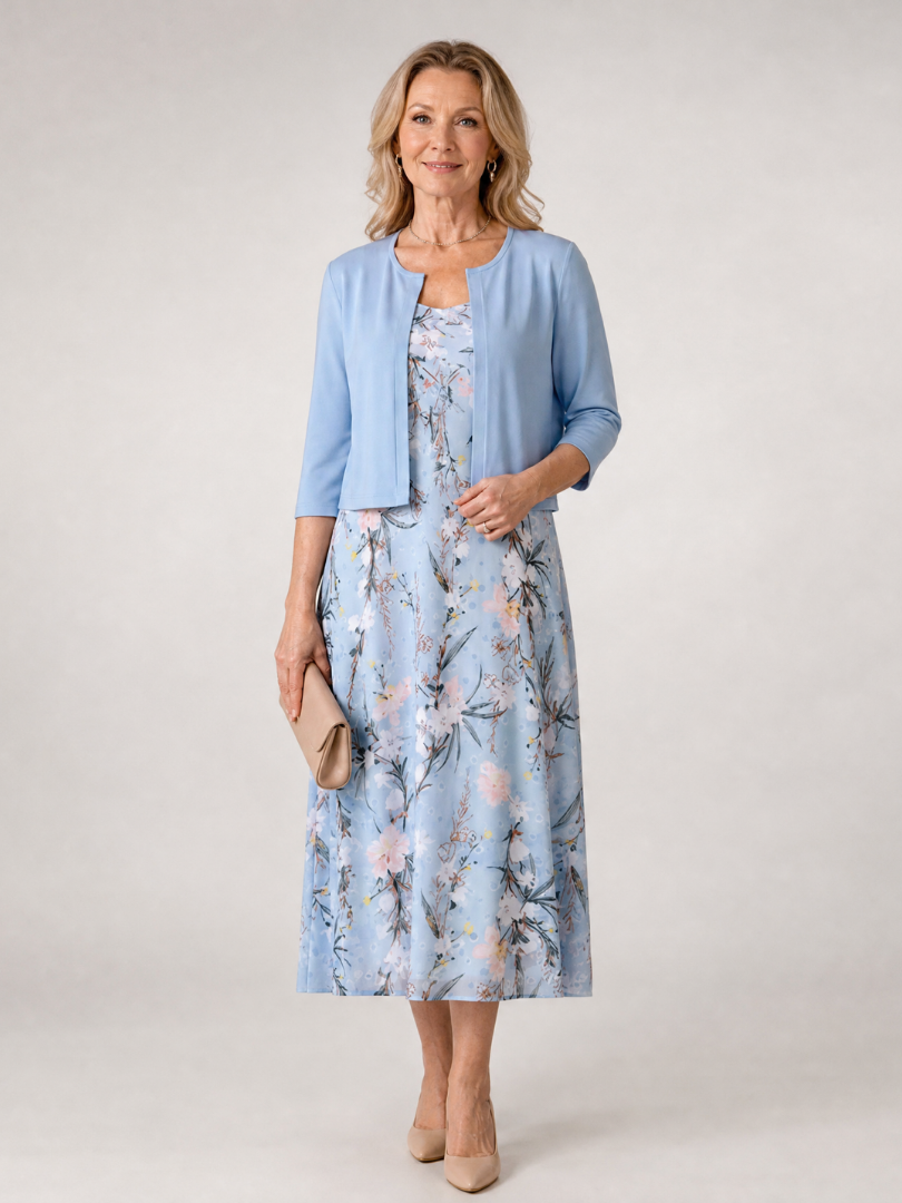 Celeste | Floral midi dress with short sleeveless overlay