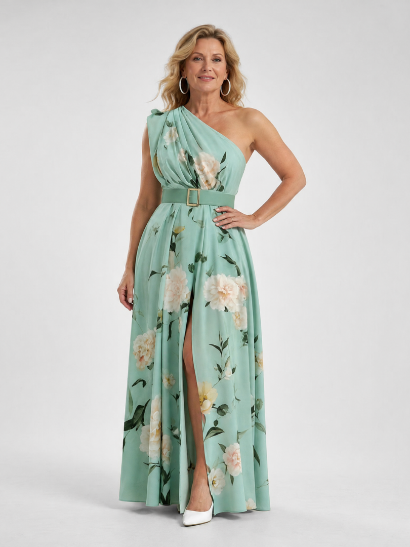 Manios | One-shoulder maxi dress with belt and floral print