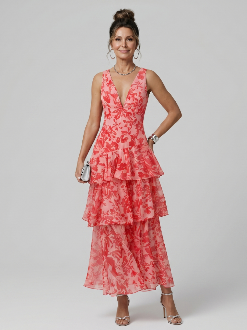 Gala | Sleeveless deep V-neck midi dress with painterly print