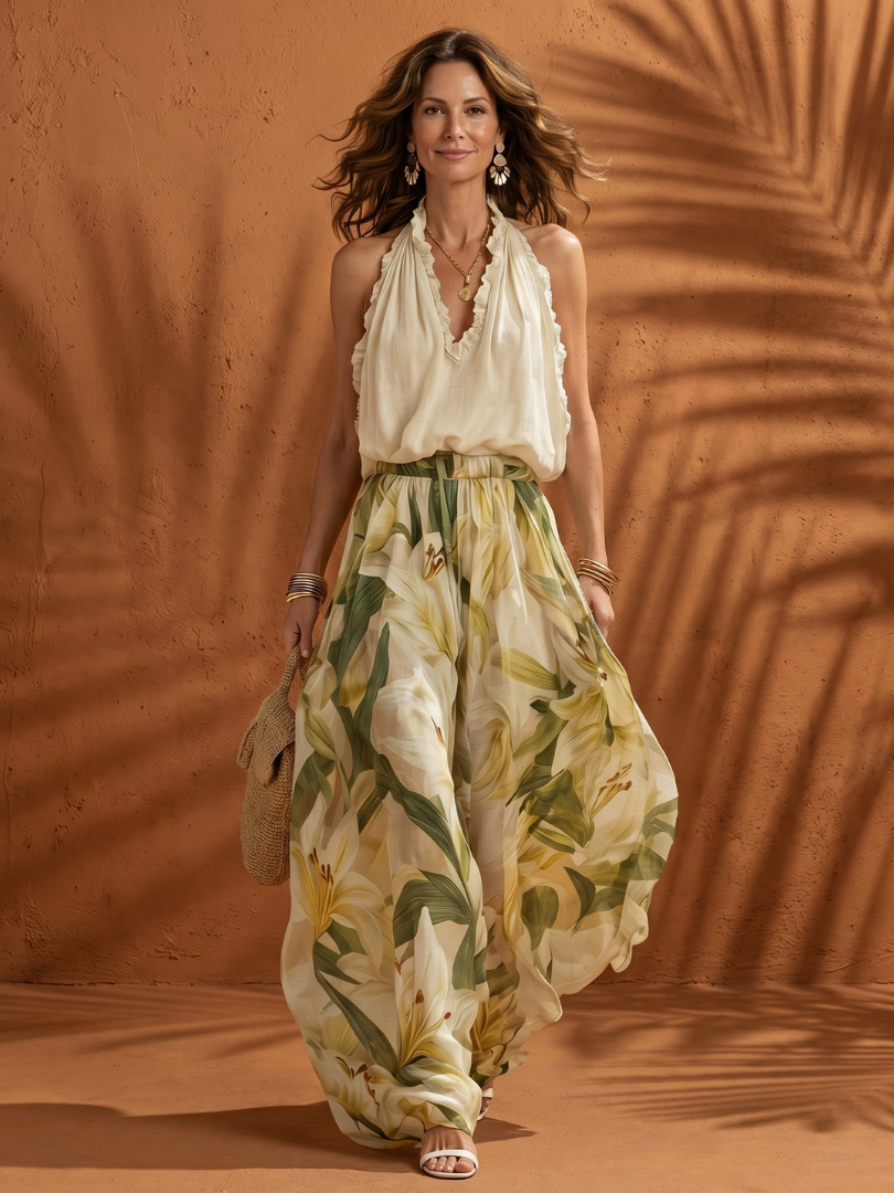 Solange | Floral halter blouse and wide-leg pants