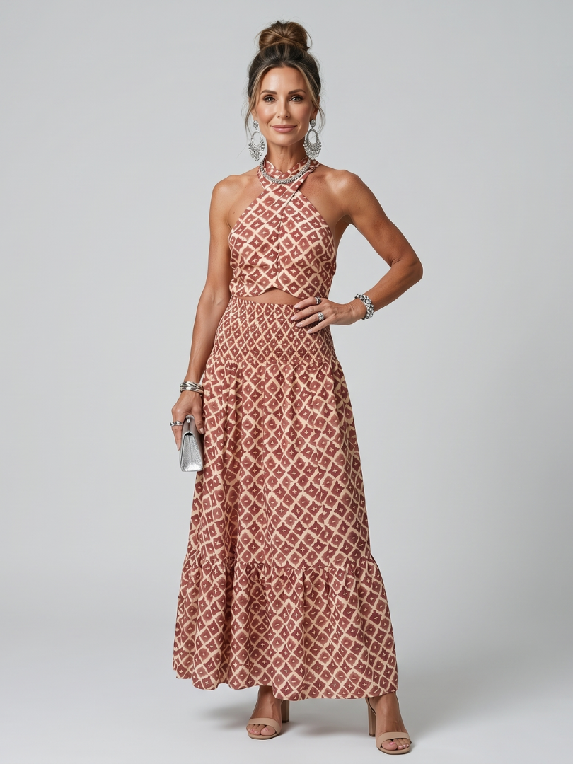 Amira | Halter-neck midi dress with geometric print