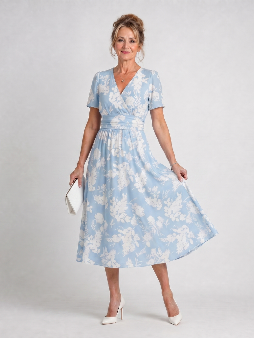 Marion | Short-sleeve V-neck midi dress with floral print