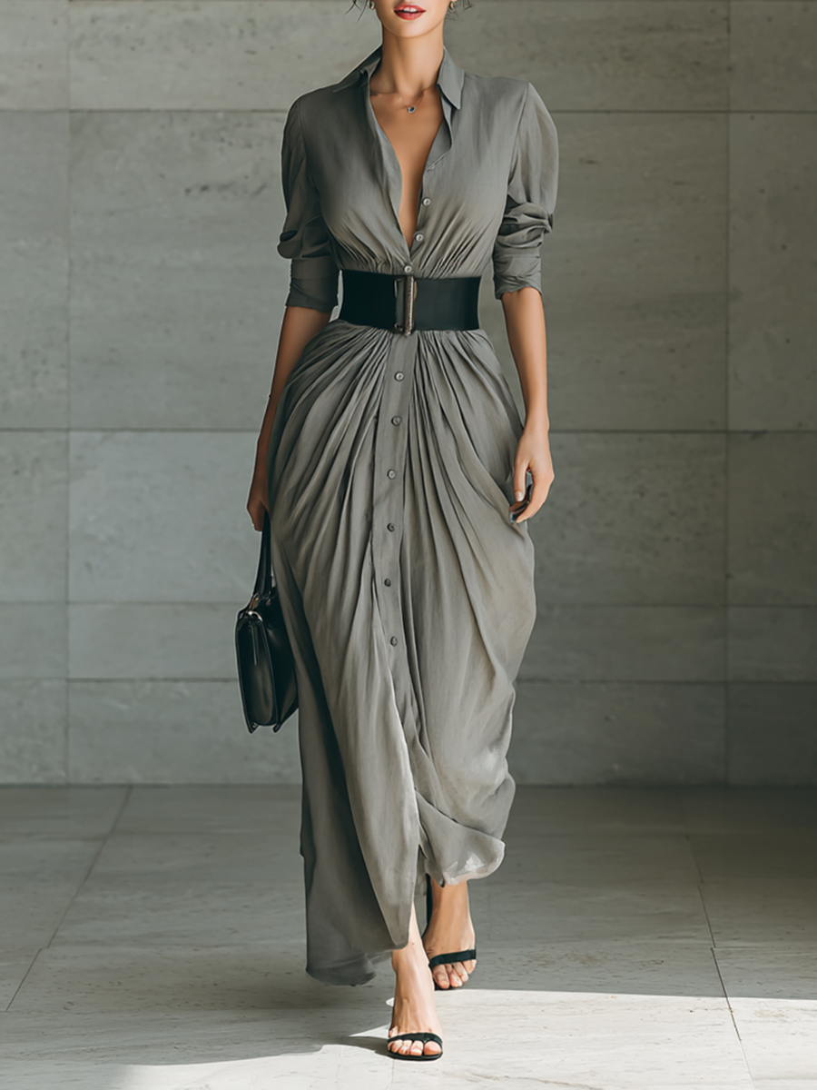 Zephyrine | Pleated maxi dress with lapel collar