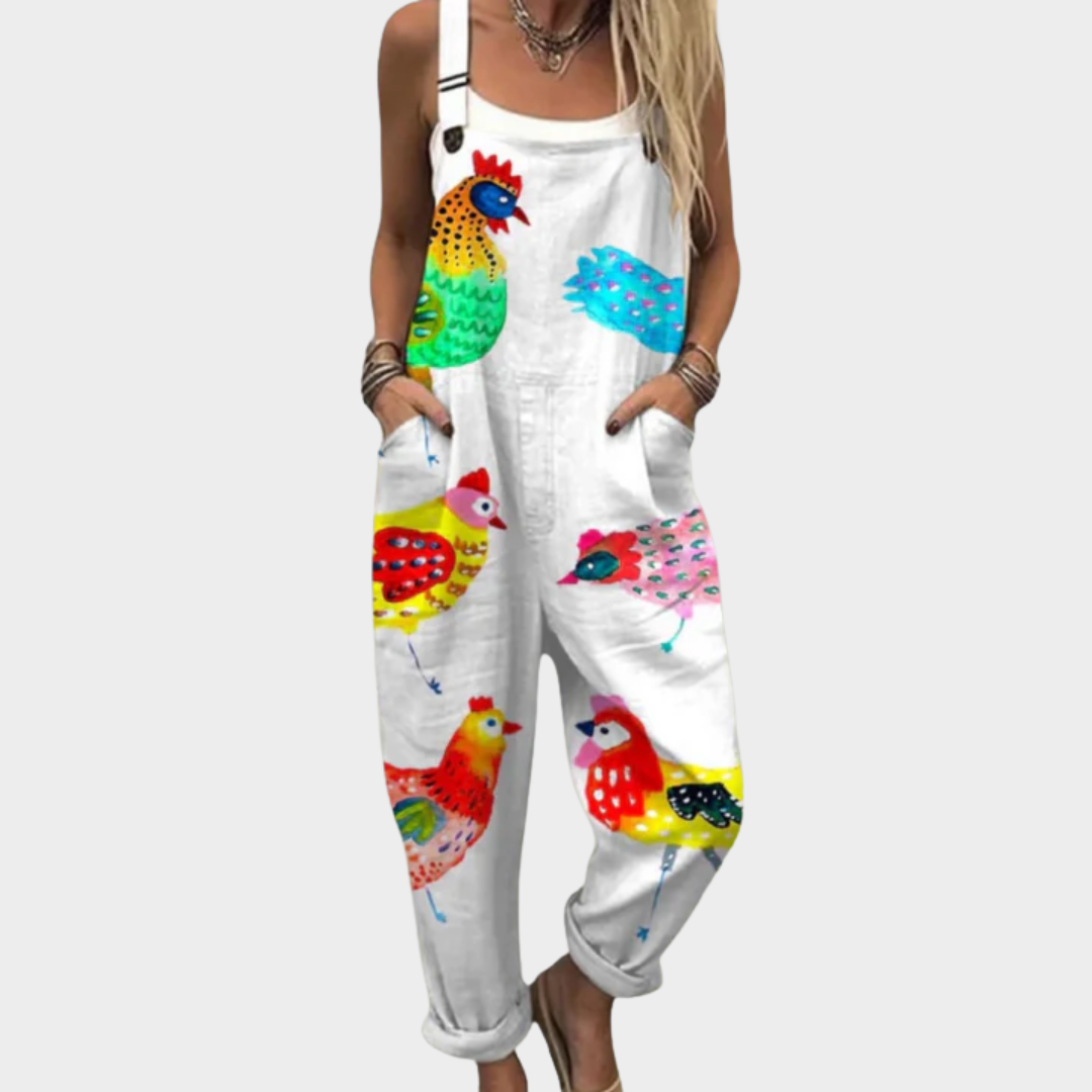 Jumpsuit — Colourful hens, white