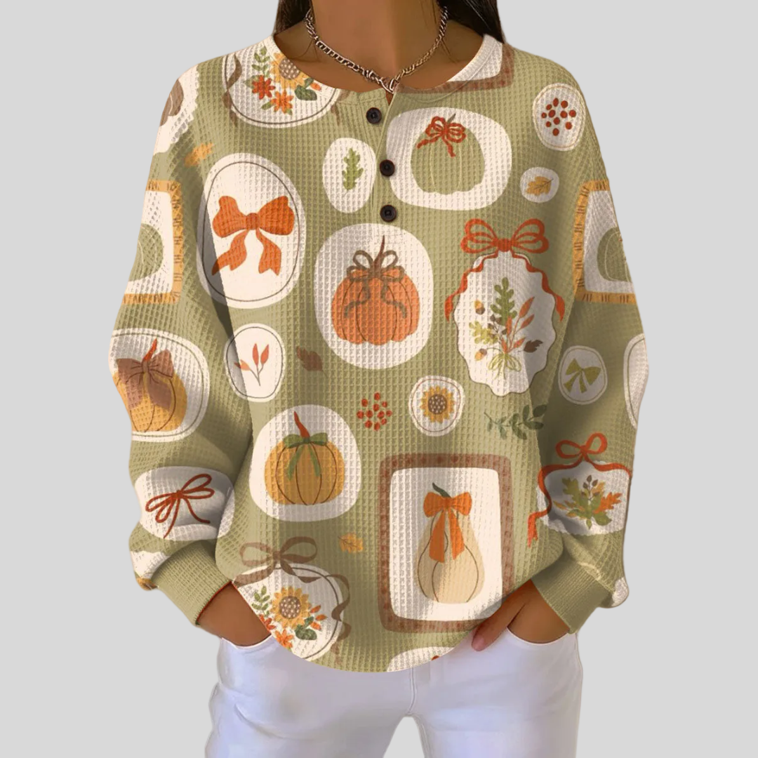Della | Pumpkin Charm Button-Neck Sweatshirt
