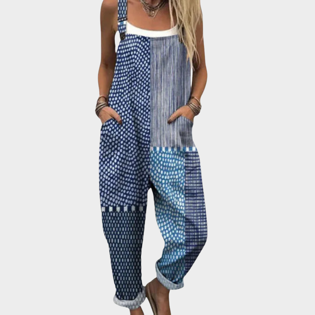 Jumpsuit — Blue spots and stripes, patchwork