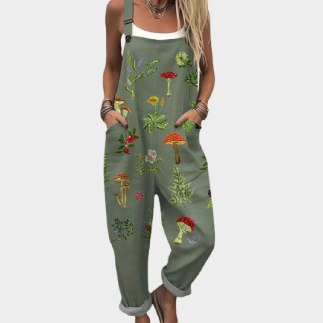 Jumpsuit — Mushrooms and ferns, green