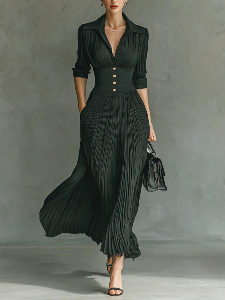 Elvire | Pleated belted maxi dress with lapel collar