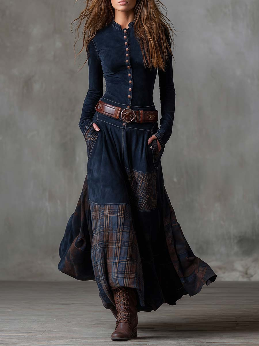 Elise | Belted suede maxi dress with patchwork skirt